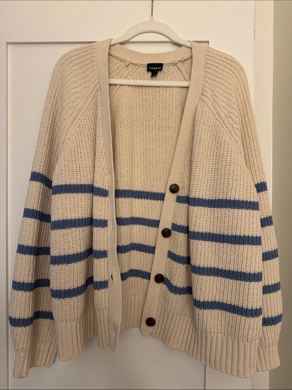 Cream & Blue Striped Button-Up Cardigan